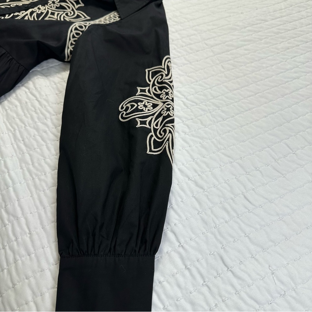 Elegant Button Down Black and Cream Embroidered Long Puff Sleeve Mini Dress - Picture 12 of 16